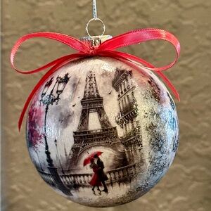 Hand-Crafted Eiffel Tower Holiday Glass Ornament with Pink Ribbon